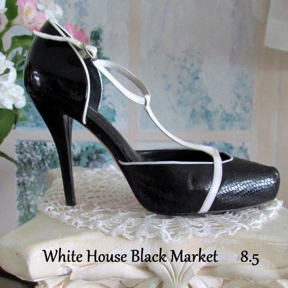 BLACK & WHITE HEELS, 8.5, 8 1/2 WHITE HOUSE BLACK MARKET SHOES, LEATHER - Picture 1 of 8
